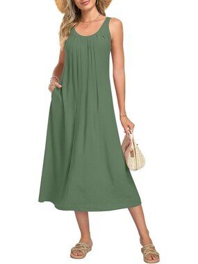 Women's Green Summer Maxi Dress Sleeveless Back Hollow Out Long Beach Dress